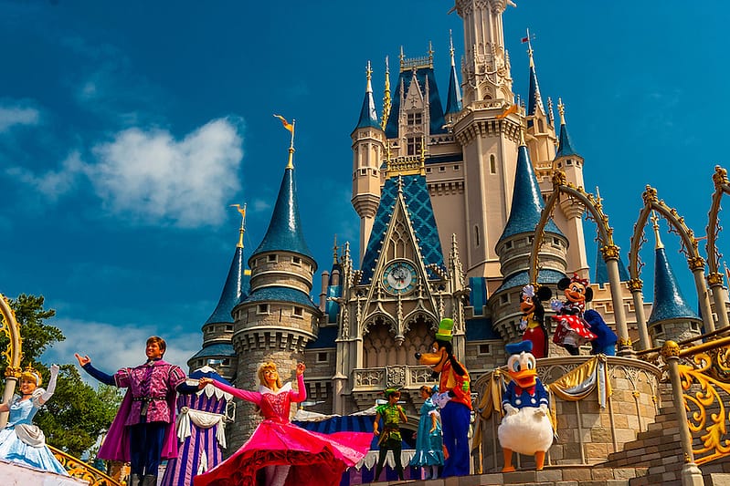 Disney characters perform in front of the Cinderella Castle, Magic Kingdom, Walt Disney World, Orlando, Florida USA